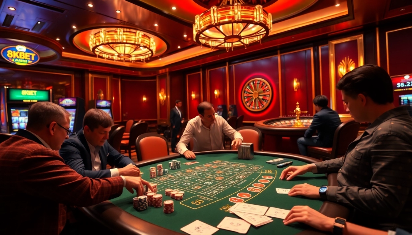 Exciting 8KBET casino environment with lively card games and vibrant slot machines.