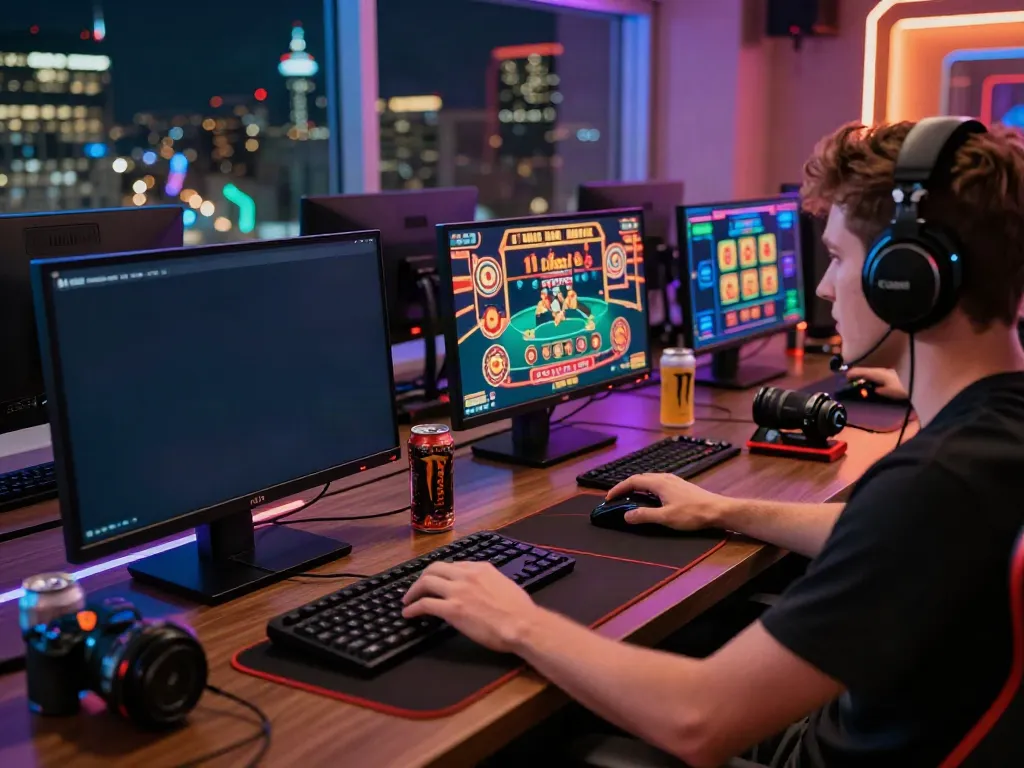 Engaged gamer playing on 11bet with colorful games displayed on multiple screens.