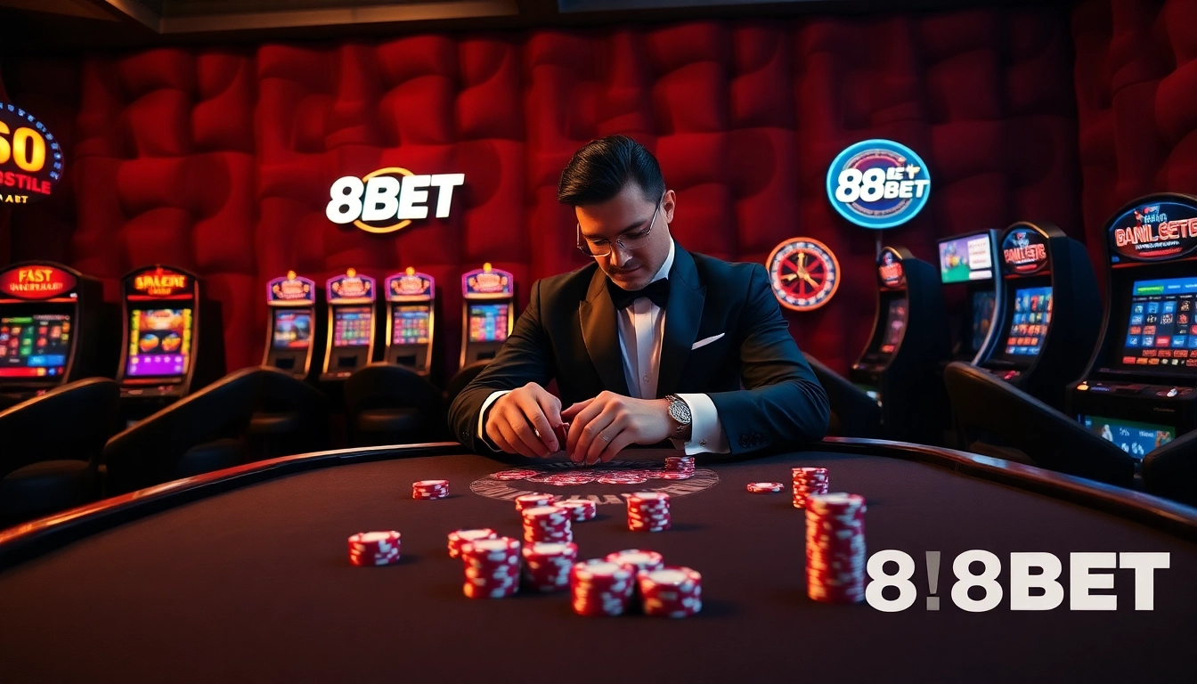 High-stakes poker action at 89BET casino with vibrant slot machines and chips.