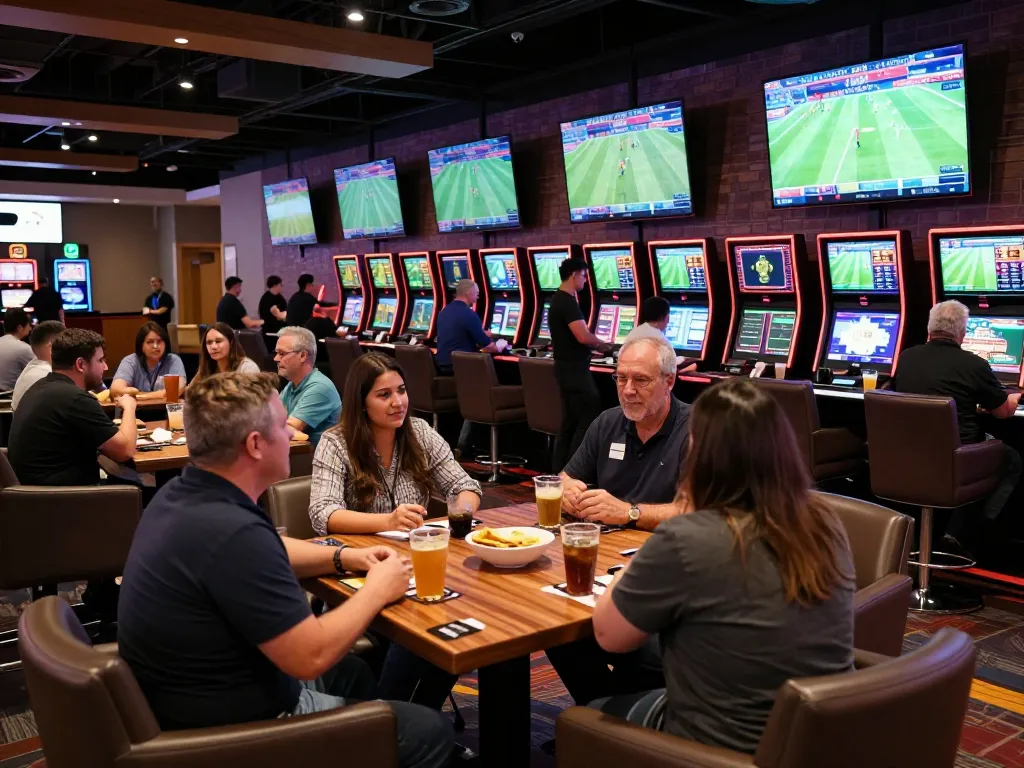 Engaged patrons discussing บอล ออนไลน์ as they watch live matches in a modern sports betting lounge.