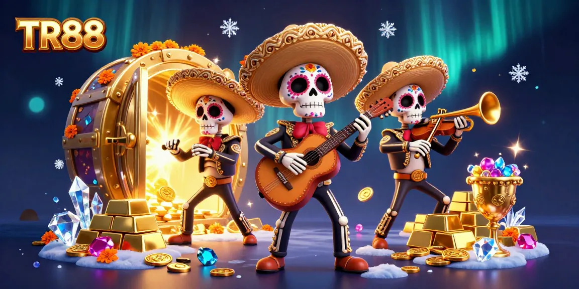 Experience thrilling wins at TR88 with a vibrant scene featuring musicians and sparkling casino treasures.
