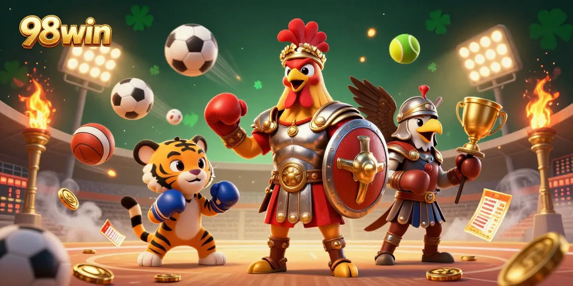 Engage with thrilling bets at 98win, featuring a cartoon rooster, boxing, and exciting sports elements.