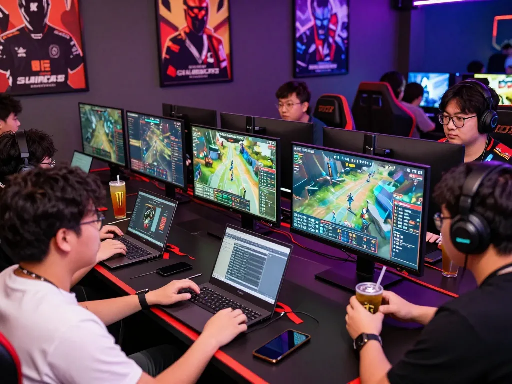 Engaged group enjoying esports betting in Singapore, showcasing vibrant atmosphere and live game statistics.