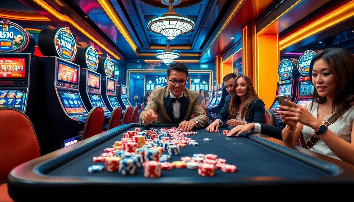 Nổ Hũ Đổi Thưởng excitement captured in a vibrant casino scene with slot machines and betting chips.