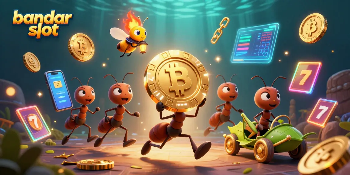 Play the exciting bandar slot as ants carry a giant poker chip in this vibrant, animated scene.
