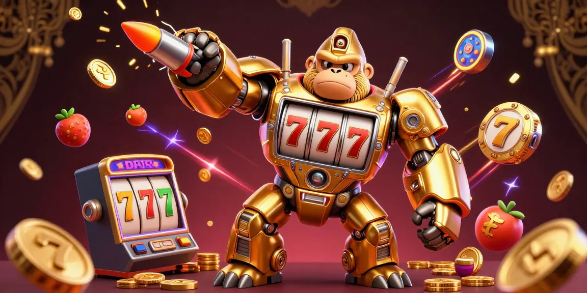 Immerse in the exciting action of DA88 with a golden gorilla mech made from slot machine parts, surrounded by dynamic casino elements.