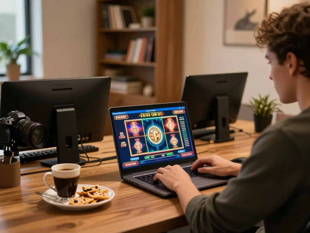 Engaging in online casino gaming at fly88, showcasing vibrant slots on a laptop with a cozy atmosphere.