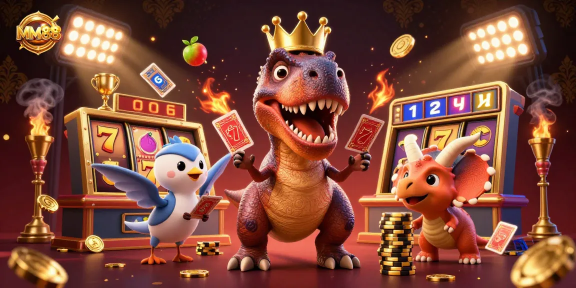 MM88 slots illustration with a T-Rex shuffling cards, jackpots, and golden coins dynamically flying.