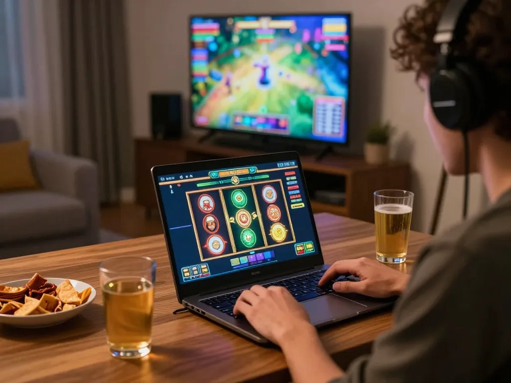 Engaged player enjoying slot games on https://v788.biz/ in a cozy home setup with snacks.