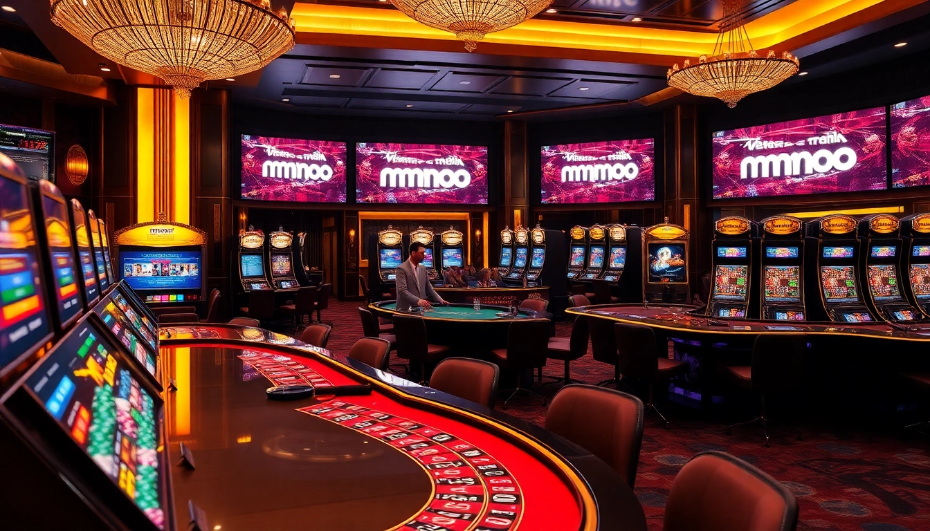 Experience the excitement of mmoo in a luxurious casino with vibrant games and betting tables.