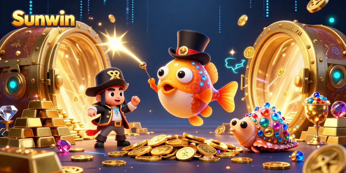 Sunwin shows excitement with a 3D anglerfish, pirate shrimp, and sea snail amid golden treasures.