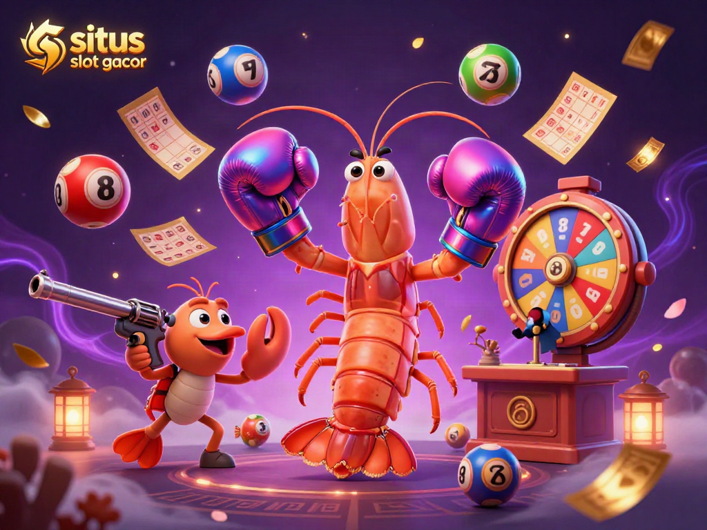 Experience the vibrant scene of situs slot gacor, featuring animated shrimp characters amidst engaging lottery elements.