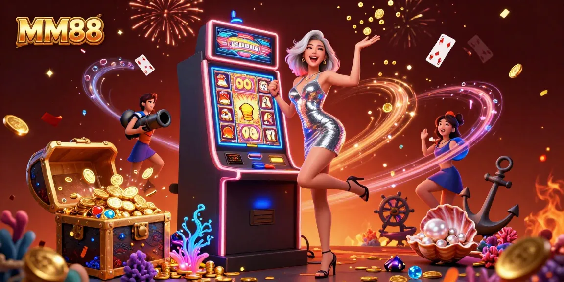 Celebrate winnings with MM88 at an exciting slot machine, surrounded by dynamic casino elements.