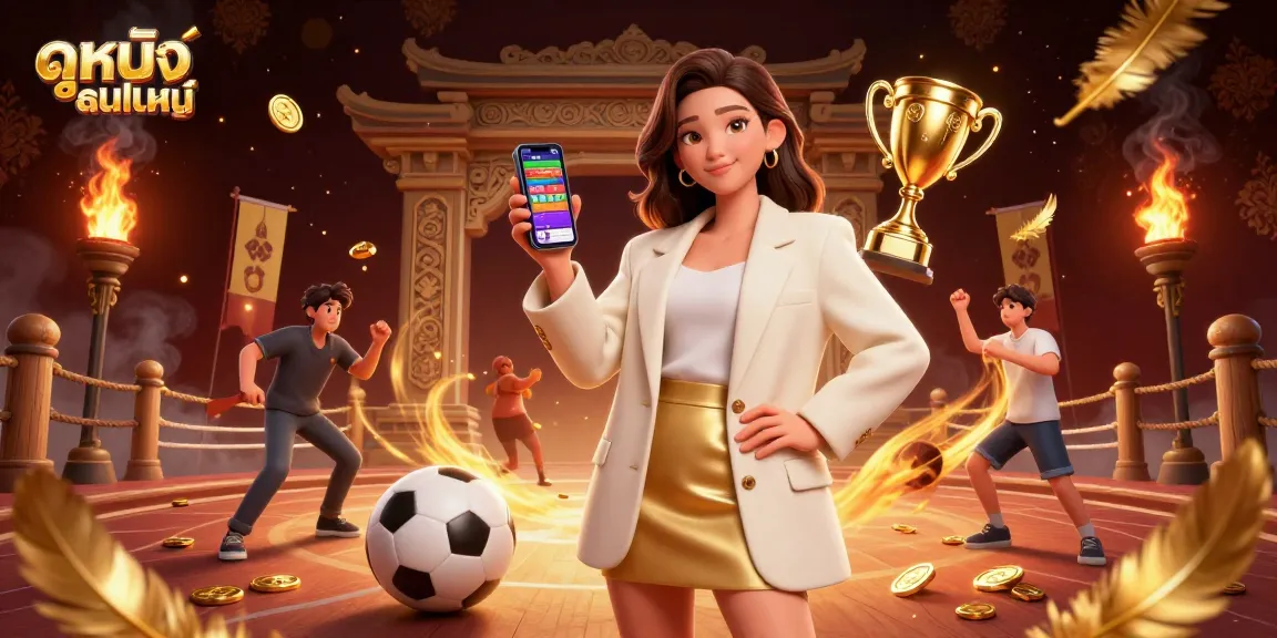 Engaging visual of ดูหนังออนไลน์ with an Asian woman showcasing a sports betting app, surrounded by dynamic gaming elements.