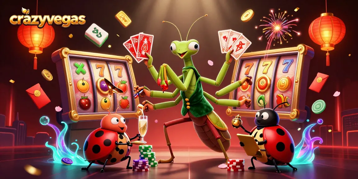Experience the excitement of crazyvegas as the mantis dealer spins slot reels with vibrant symbols.