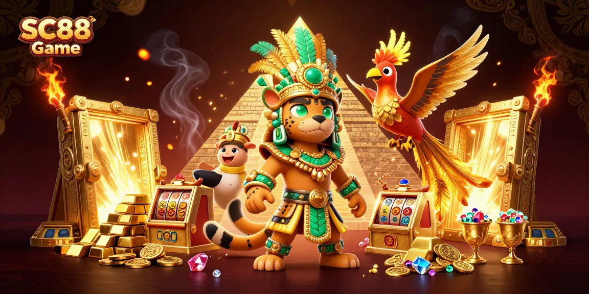 Spin the reels of SC88 Game in this vibrant 3D casino illustration featuring dynamic gambling elements.