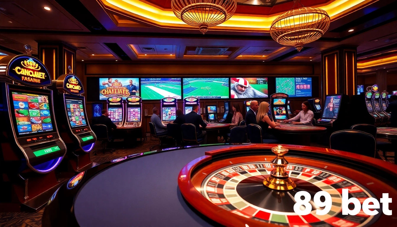Engaging in high-stakes betting at 89bet with vibrant casino tables and dynamic slot machines.