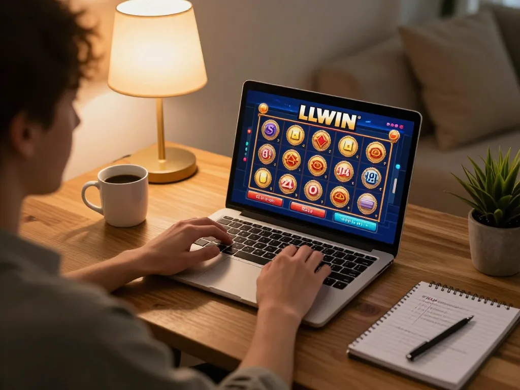 A player engages with LLWIN's online slot games in a cozy home setting, showcasing comfort and strategy.
