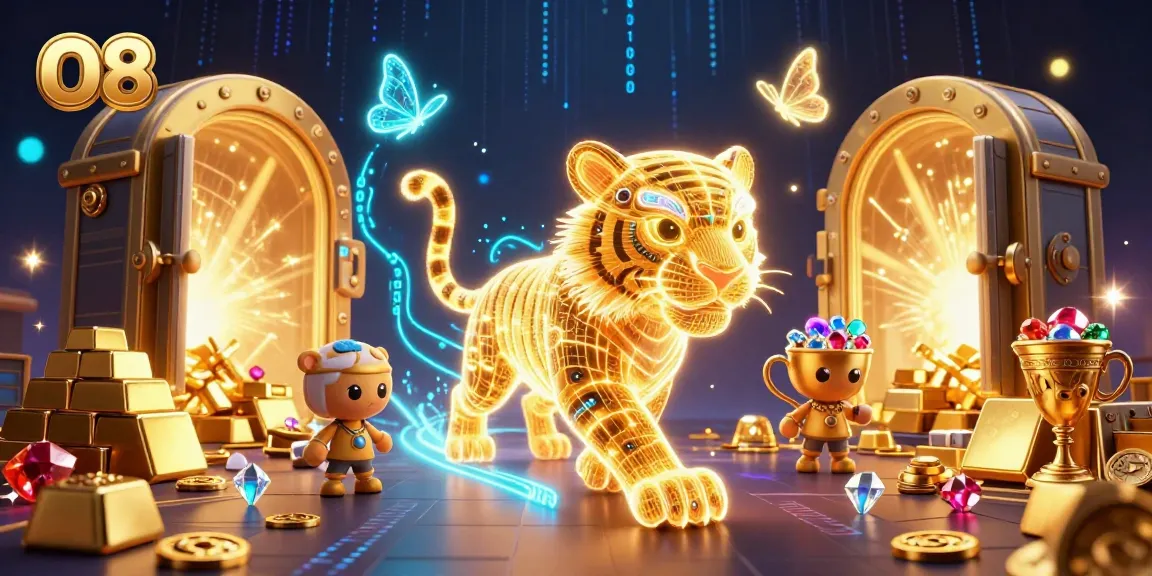 Win big with O8 in a dazzling casino scene featuring golden treasures and vibrant colors.