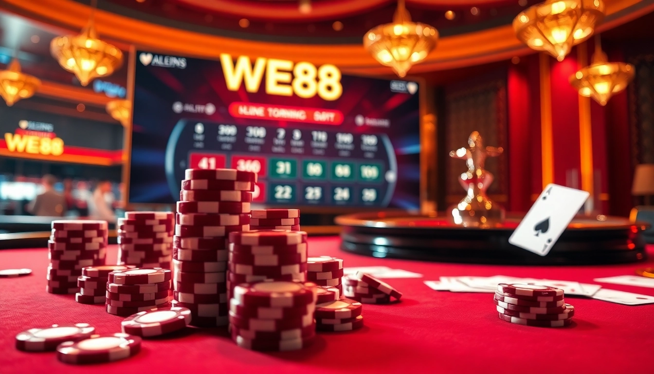Engaging gaming table visuals accentuating WE88's vibrant poker chips and roulette games in a luxurious casino atmosphere.