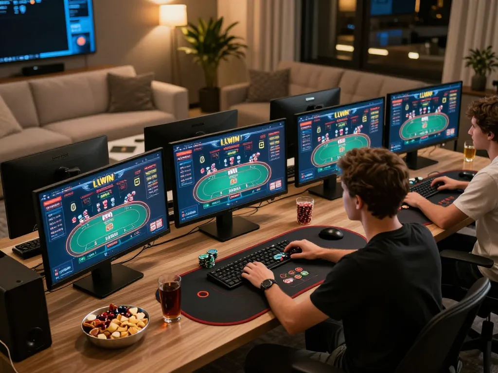 Engaging in LLWIN online poker at a stylish gaming setup, enhancing strategic gameplay