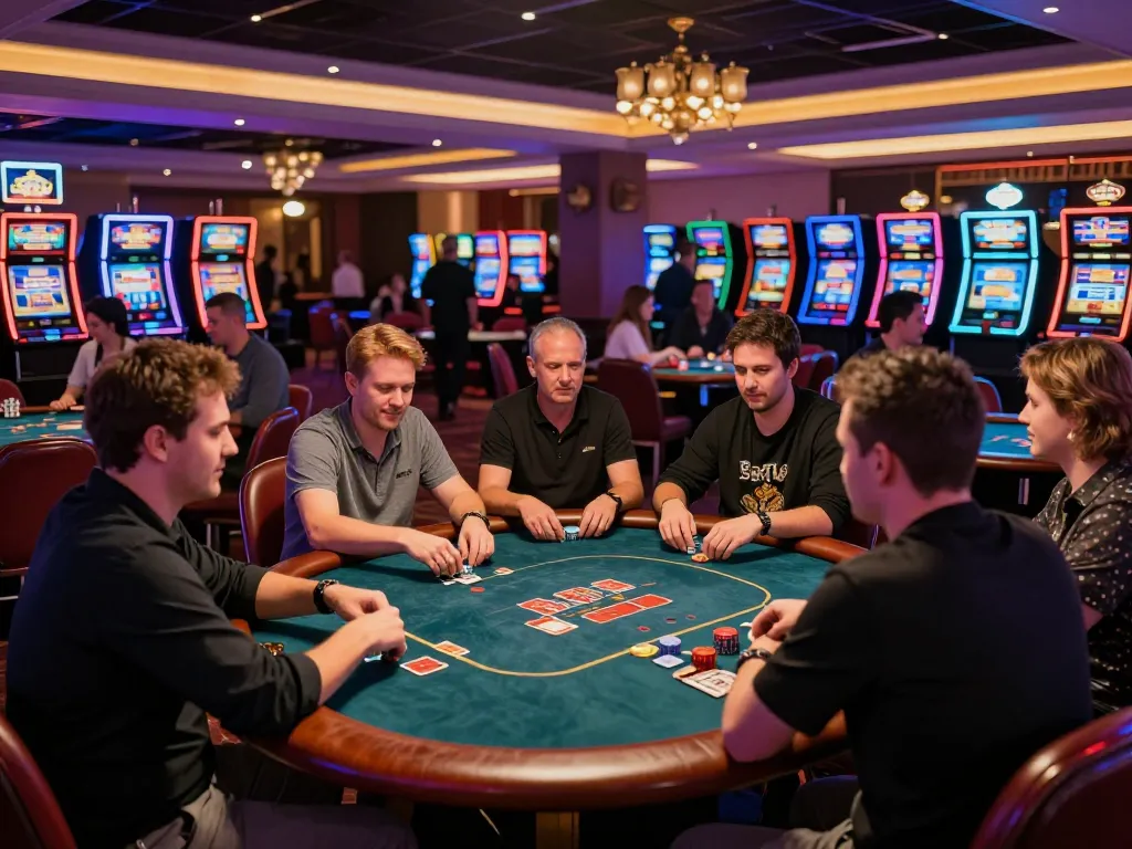 Players engaging in high-stakes poker at FUN79's luxurious casino, vibrant atmosphere and stylish decor