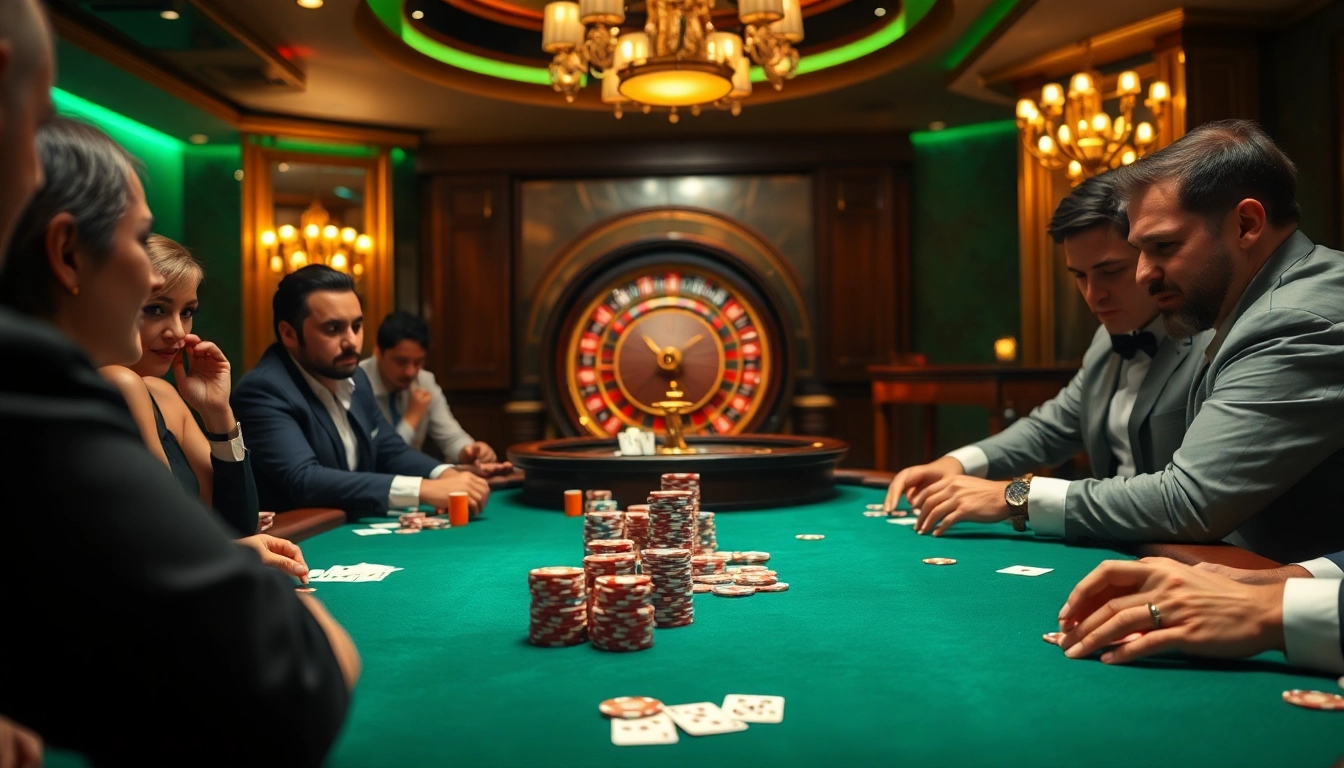 Watch players strategize at a poker table in a luxury casino atmosphere at https://rr88.autos/ with chips and cards.