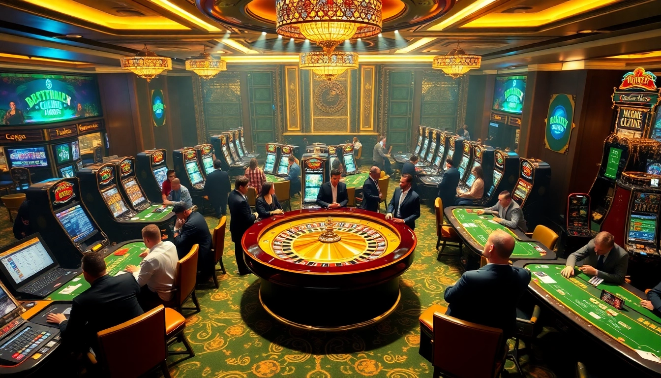 Players enjoying games at https://nhacaiuytinvn.us.com/, with poker tables and a roulette wheel.