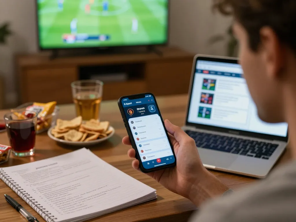 Engaged bettor using the Bsport app for sports betting at home, surrounded by a casual environment