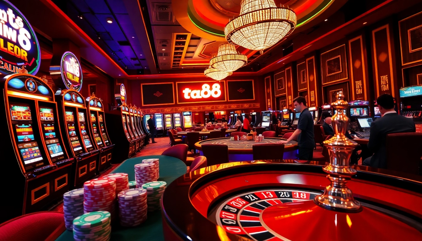 Tải ta88 app interface alongside poker chips and a roulette wheel in a vibrant casino setting.