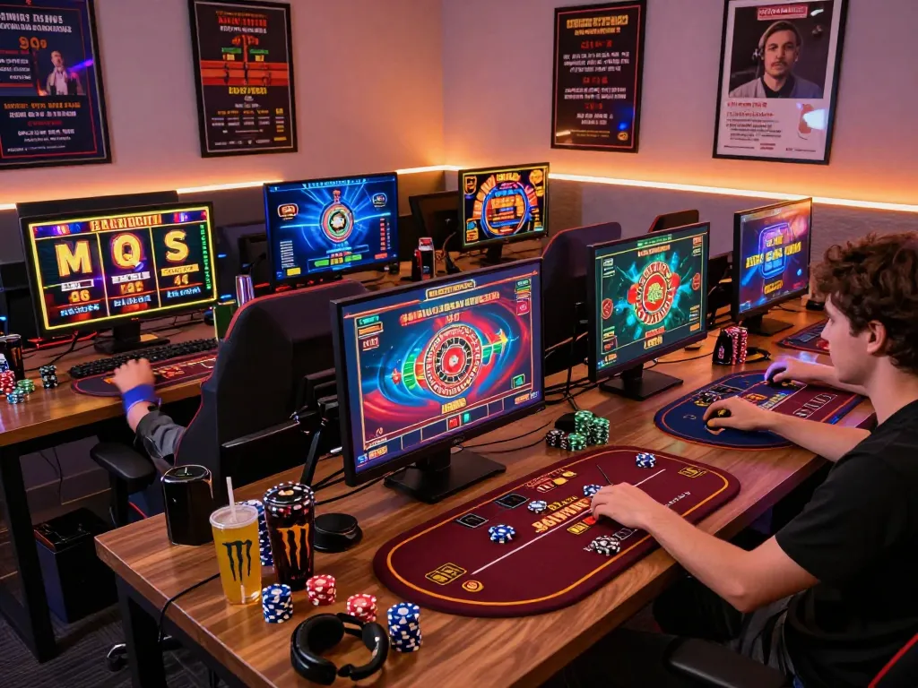 Nohu players immersed in dynamic online casino games on multiple screens in a vibrant gaming setup