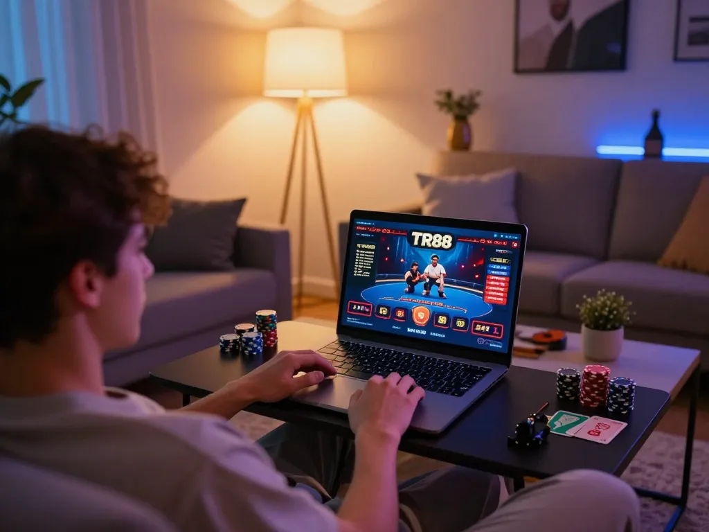 Engaging moment at TR88 online casino with player enjoying a poker game