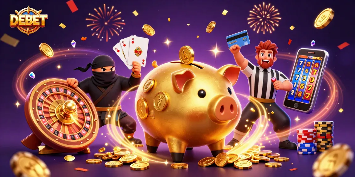 DEBET showcases an energetic casino scene featuring dynamic 3D characters and sparkling elements.