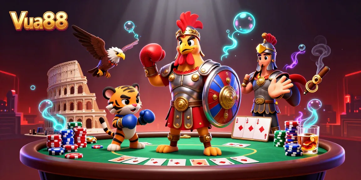 Engage in thrilling gameplay at Vua88 with a vibrant 3D casino scene featuring championship poker elements.