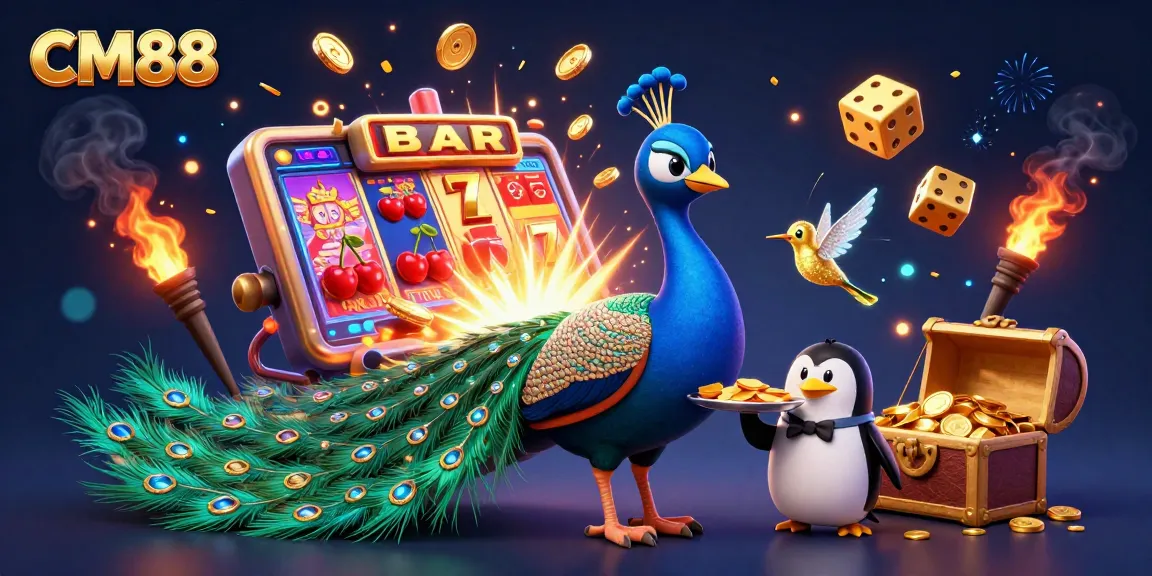 Experience thrilling casino excitement with CM88's vibrant 3D illustration featuring a peacock and rich gaming elements.