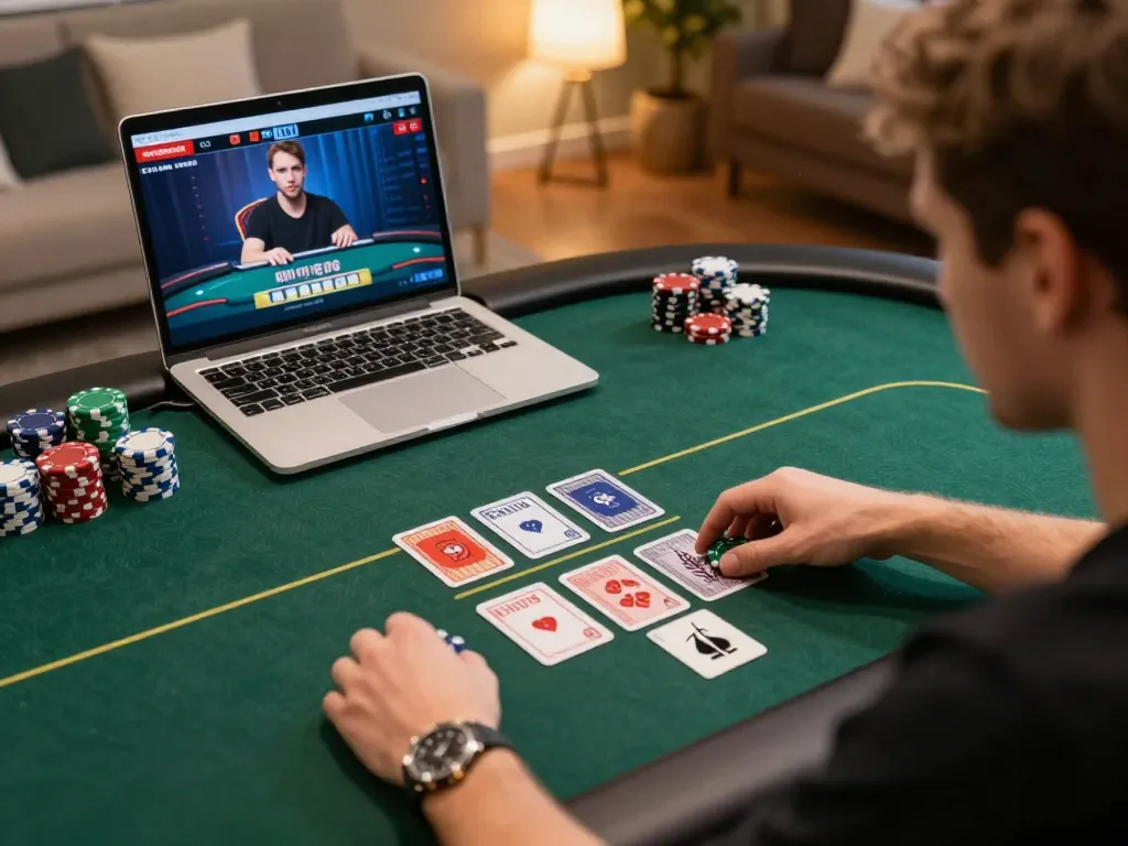 TR88 poker player focused on strategy with cards and chips during online game.