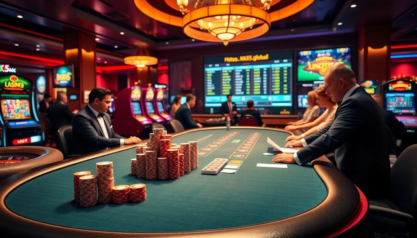 Viva jogos emocionantes em https://kk55.global/ com cenas vibrantes de cassino apresentando poker, caça-níqueis e roleta.
