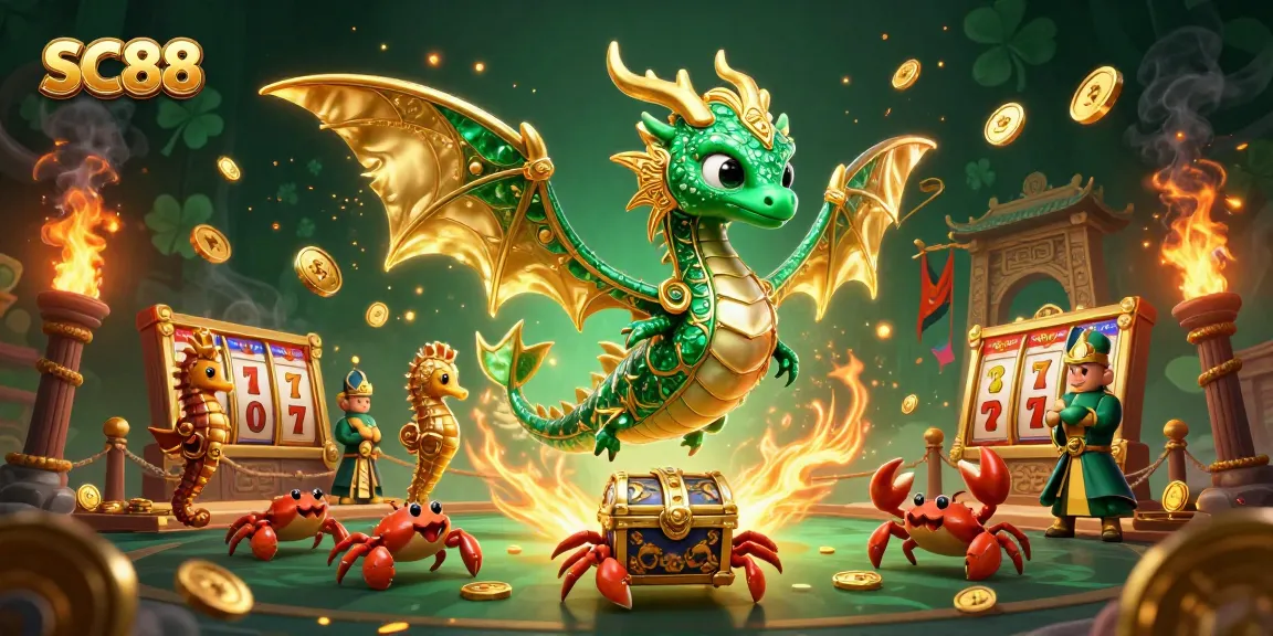 Experience SC88 action with a majestic sea dragon guarding treasures amidst slot reels and golden tokens.