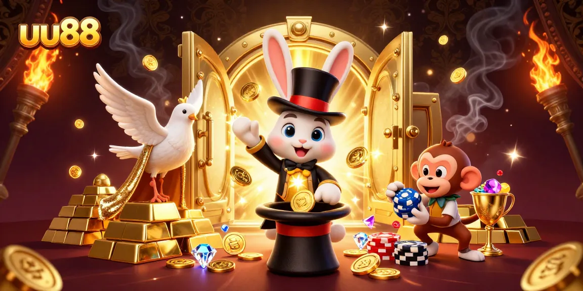 Experience excitement at uu88 with an enchanting scene of a magician rabbit and treasures.