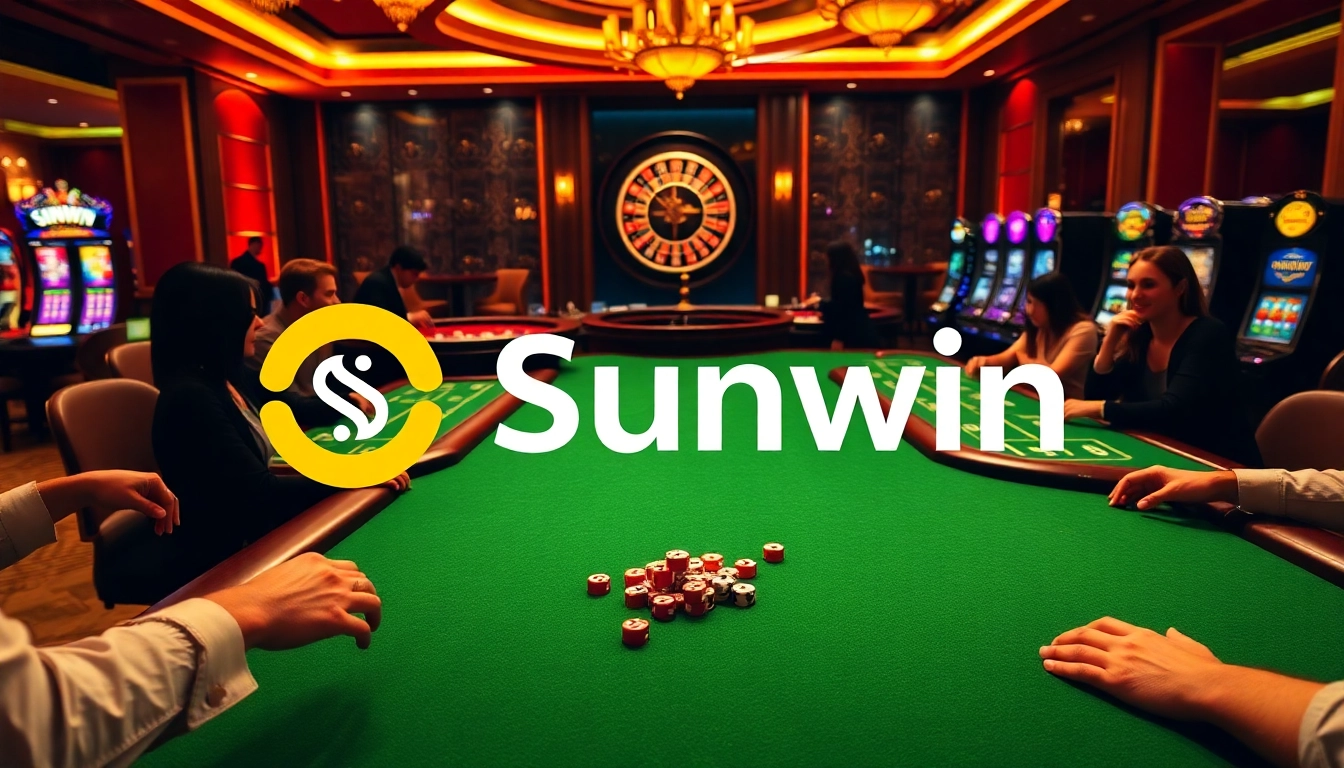 Players enjoy a thrilling game at Sunwin casino tables, surrounded by vibrant slot machines.