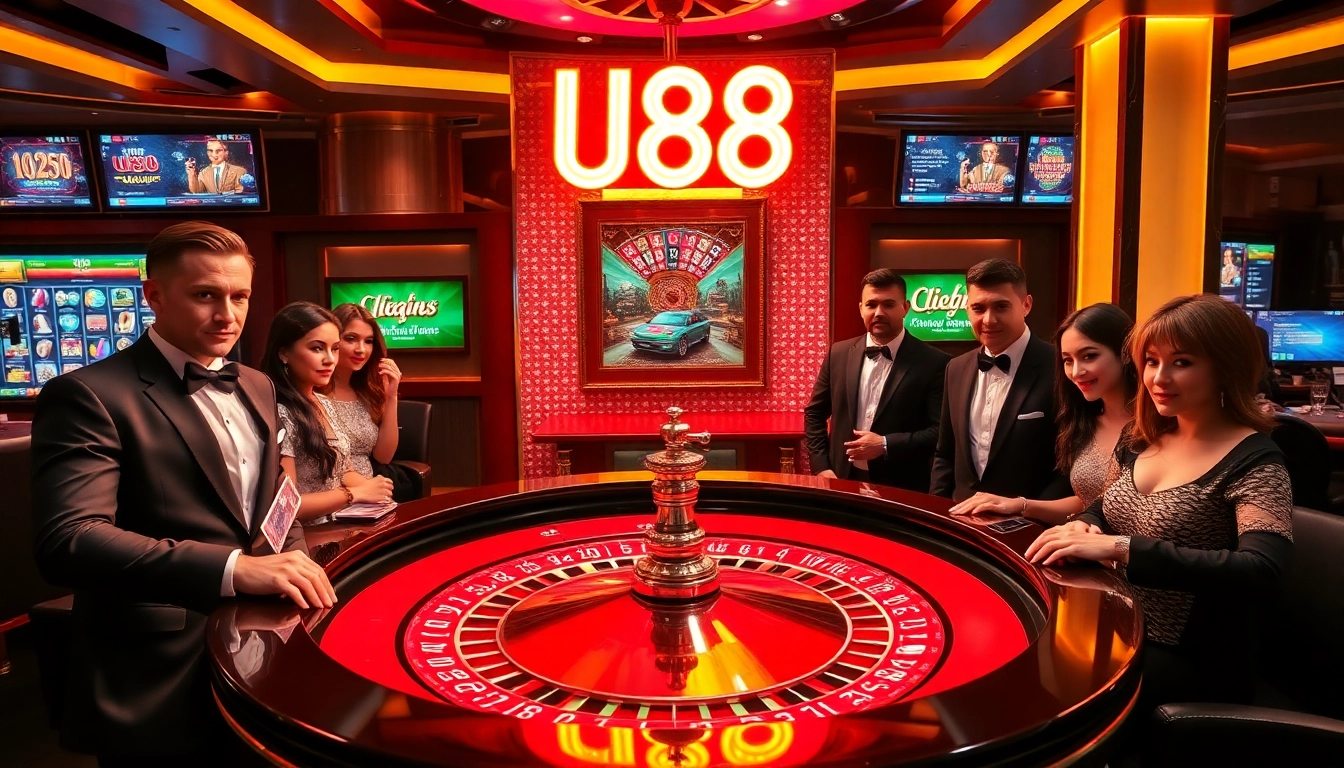 Engage with excitement at U88 Casino's vibrant roulette table, featuring elegant players and colorful chips.