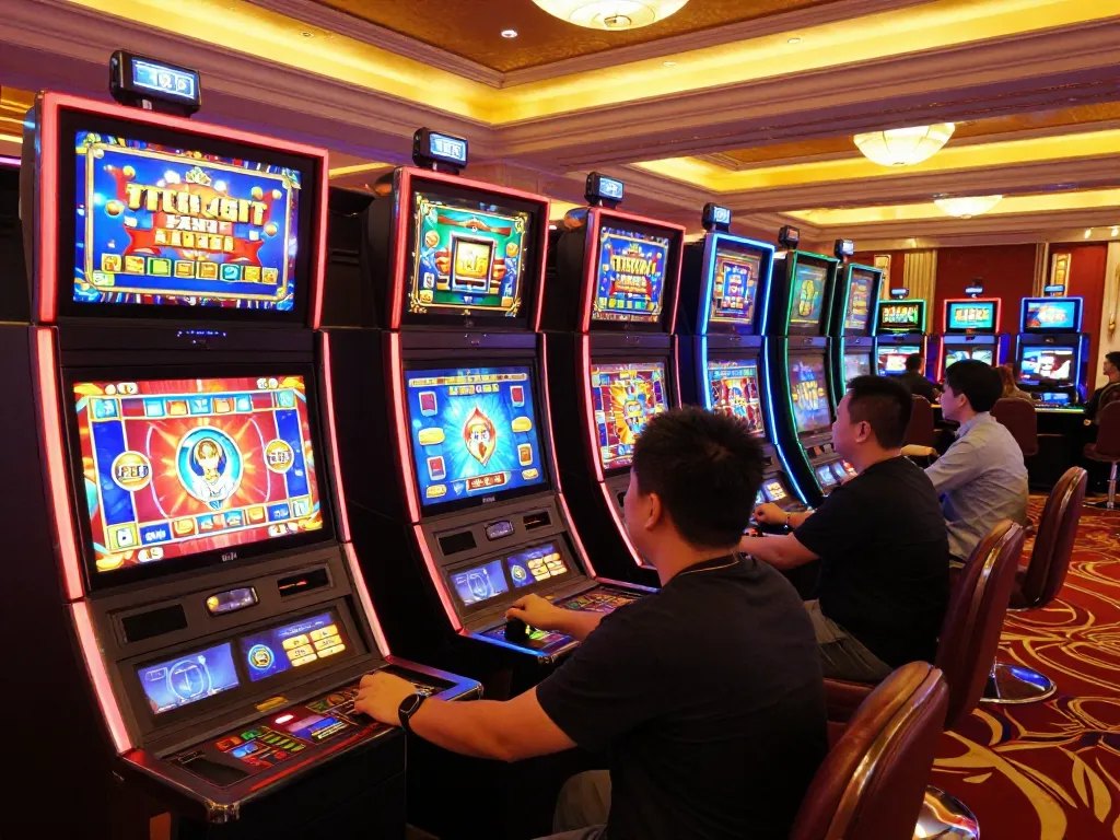 Exciting scene at Trang chủ Win678 as players engage with colorful slot machines, highlighting the thrill of gaming.