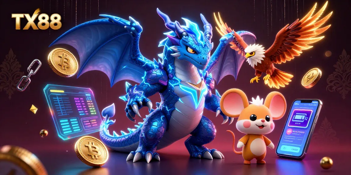 Experience the thrill of TX88 in this dynamic 3D casino illustration featuring dragons and cryptocurrency elements.