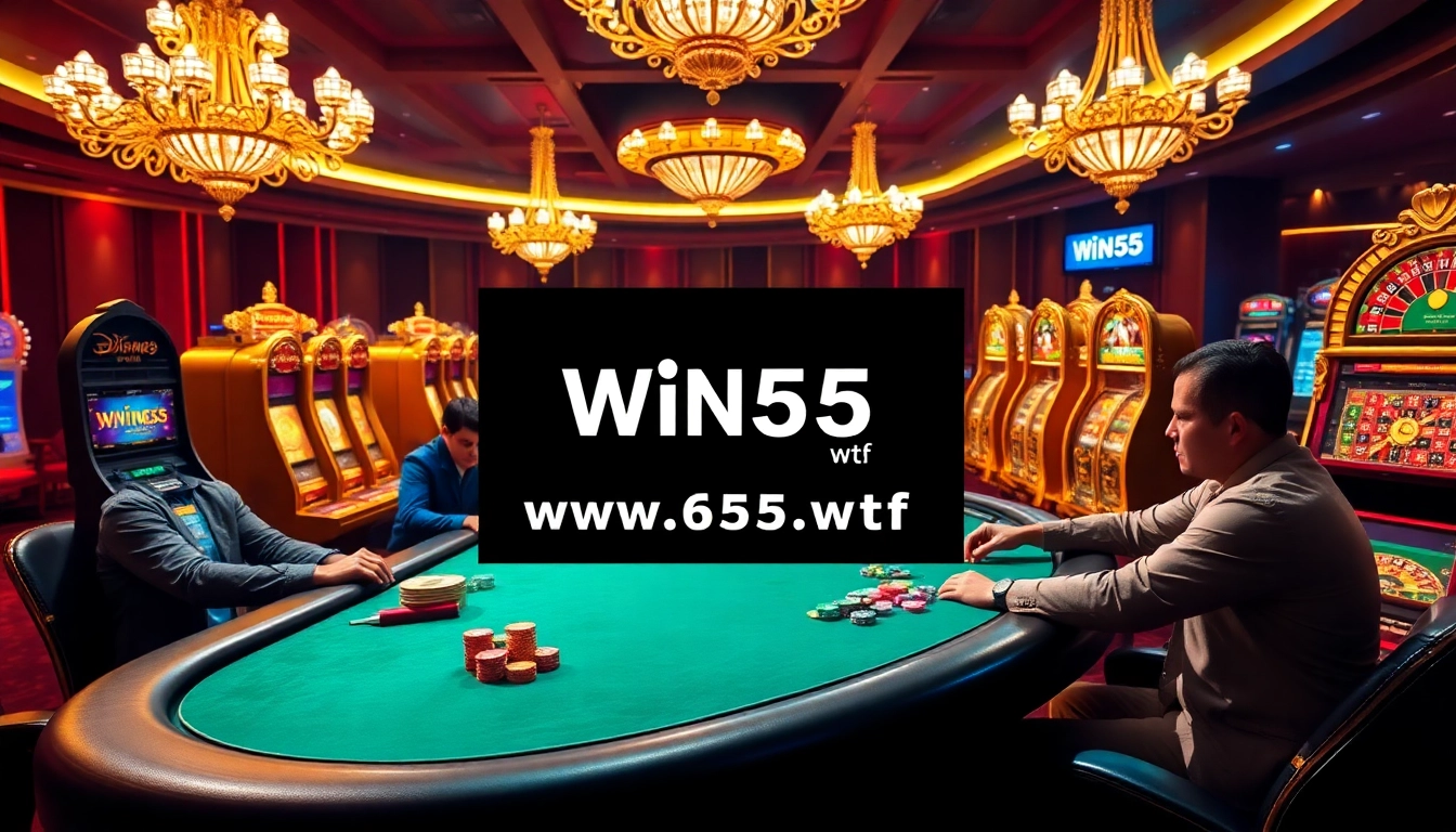 players strategizing at the poker table in a luxurious casino setup, promoting https://win55.wtf/ for online gambling