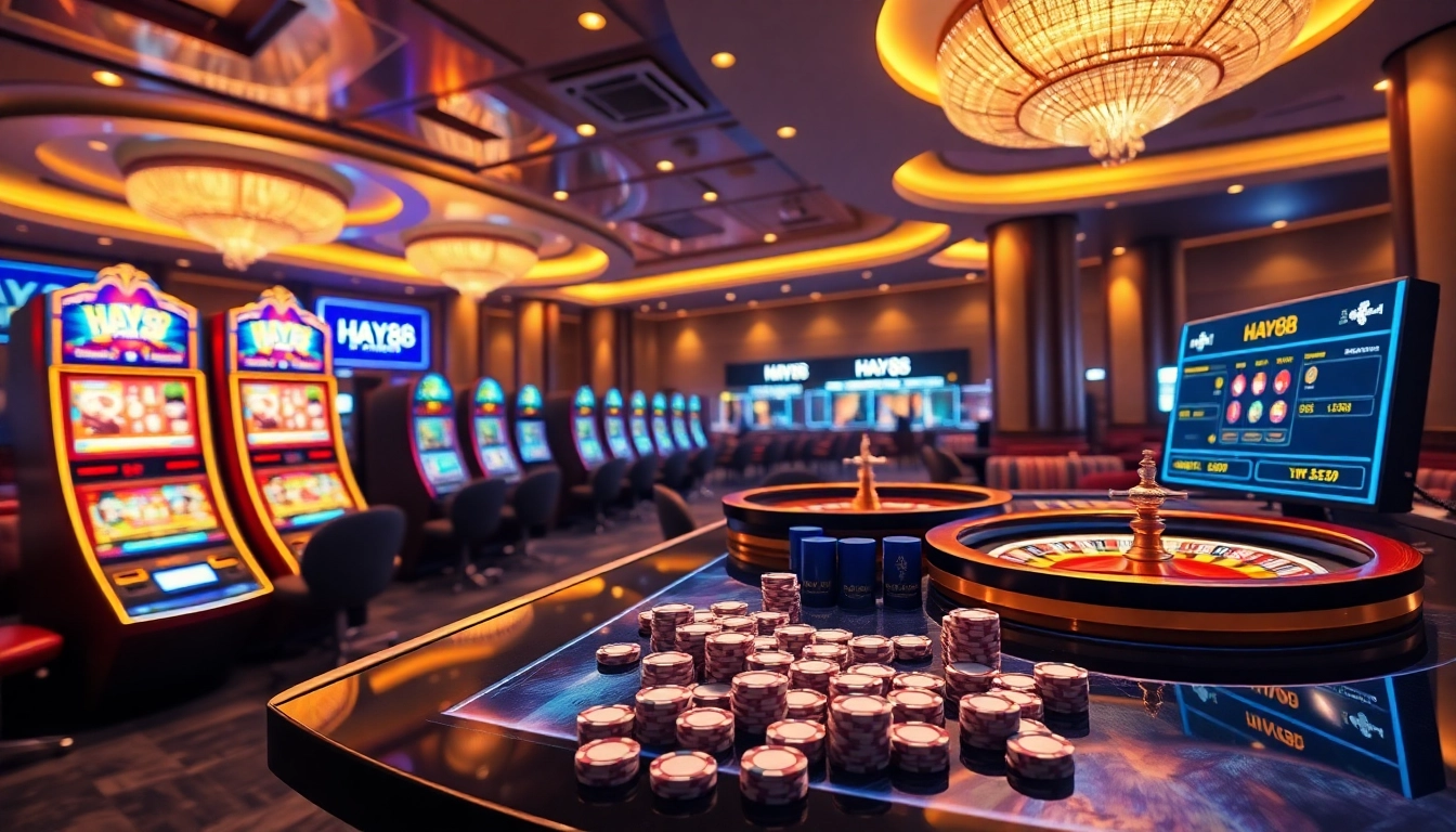 Experience the thrill of HAY88 with colorful slot machines and a roulette wheel in a luxurious casino setting.