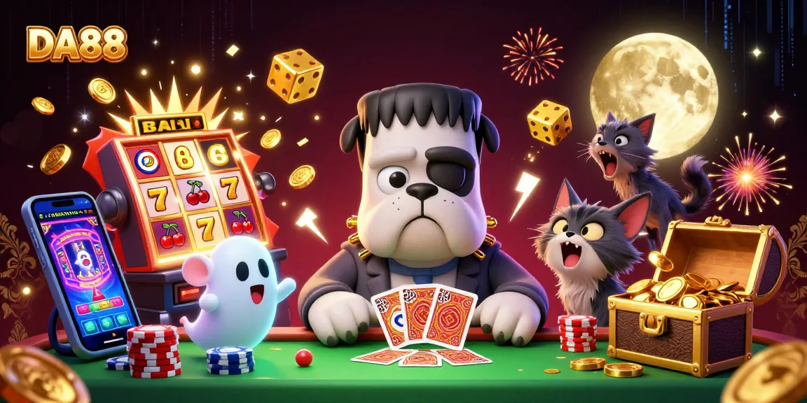 DA88 showcases a lively 3D casino scene with a bulldog dealer, ghost mouse, and vibrant slot machine elements.