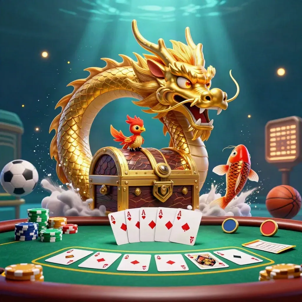 Golden dragon, phoenix, koi and casino props explode in a navy-green underwater glow.