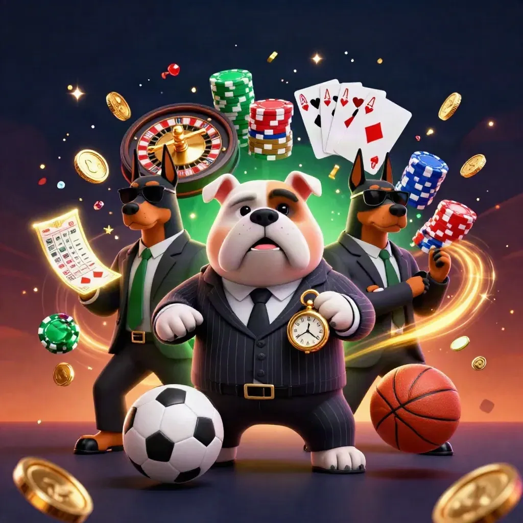 Bulldog casino boss with bodyguards amid coins, chips, roulette, cards and sports balls.