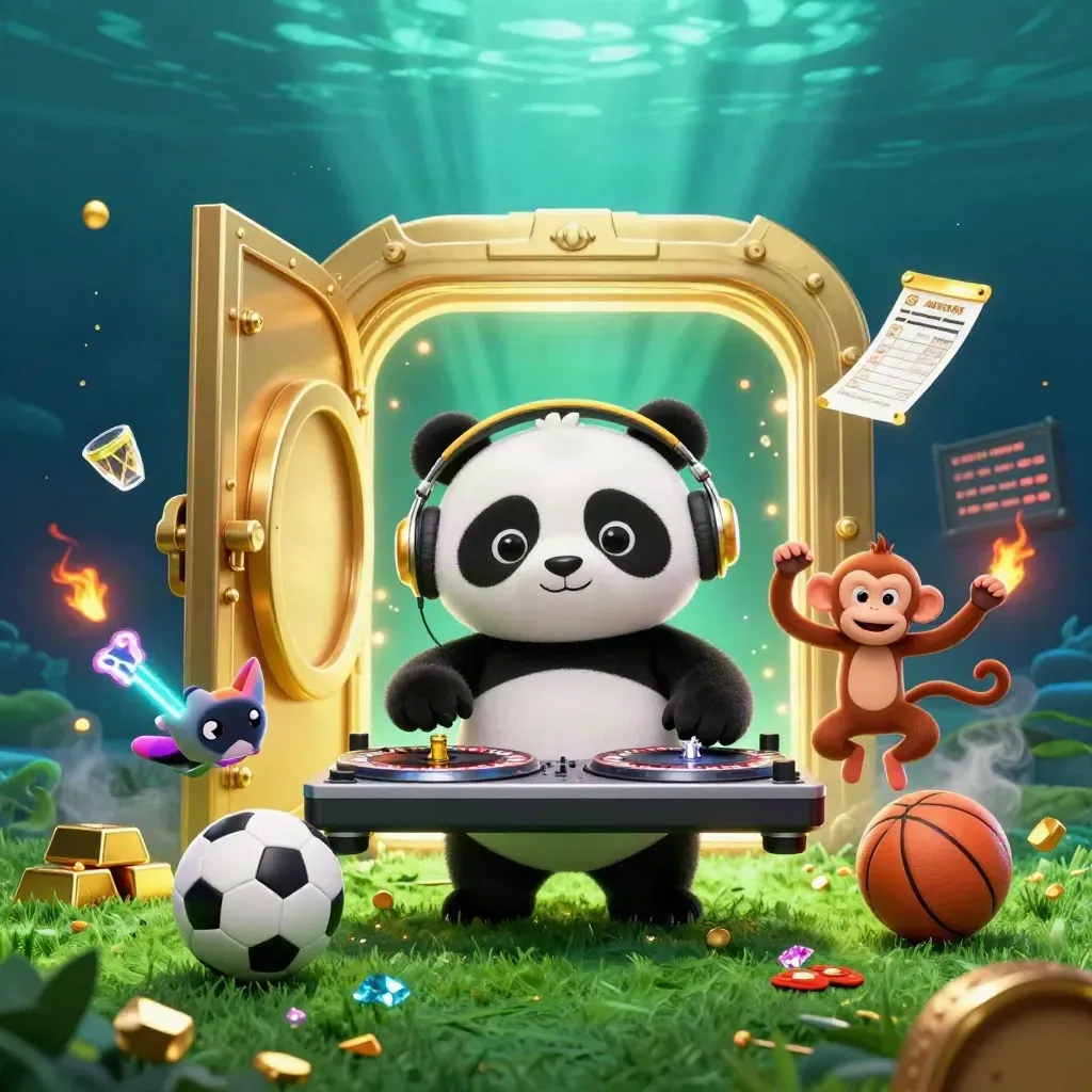Panda DJ, monkey and glow kitten amid gold, sports balls and vault light in a neon casino splash.