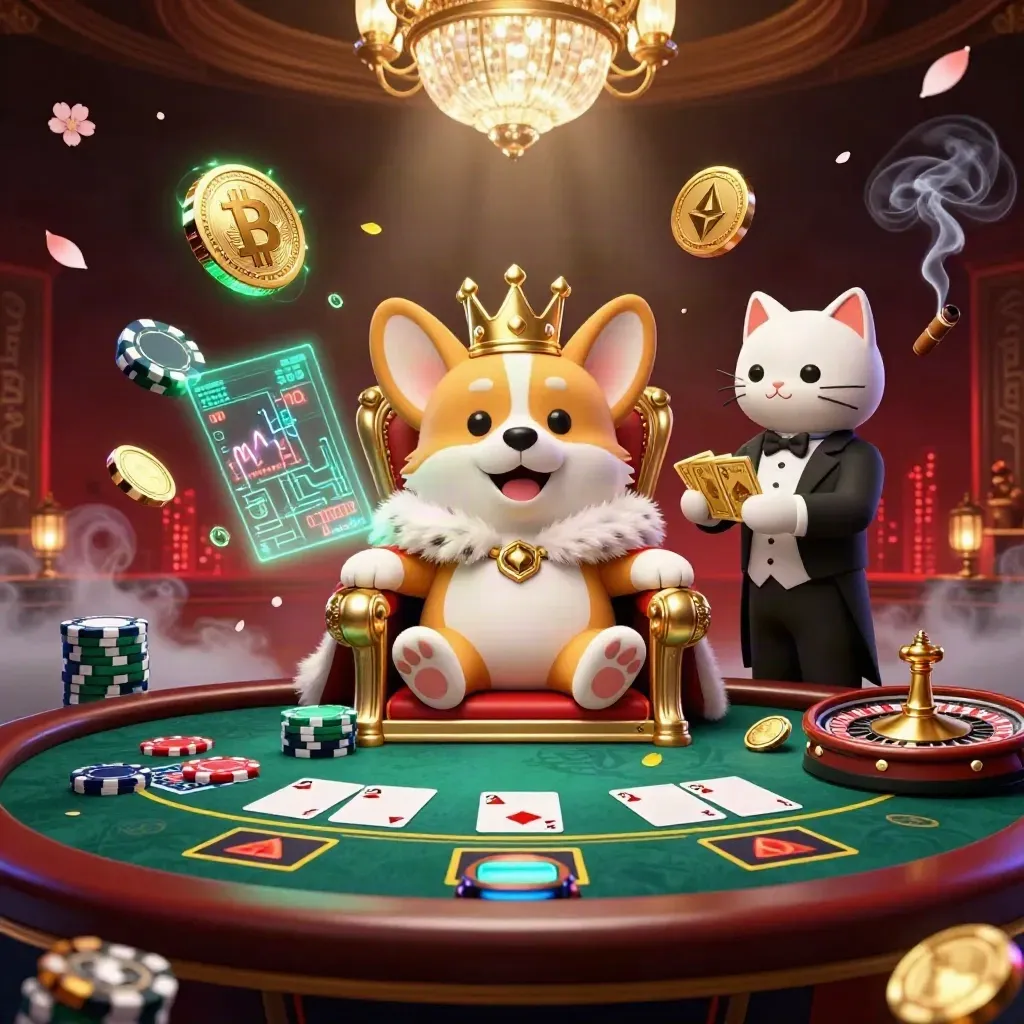 Crowned corgi and cat butler in a luxe casino with neon coins, roulette glow and smoke.